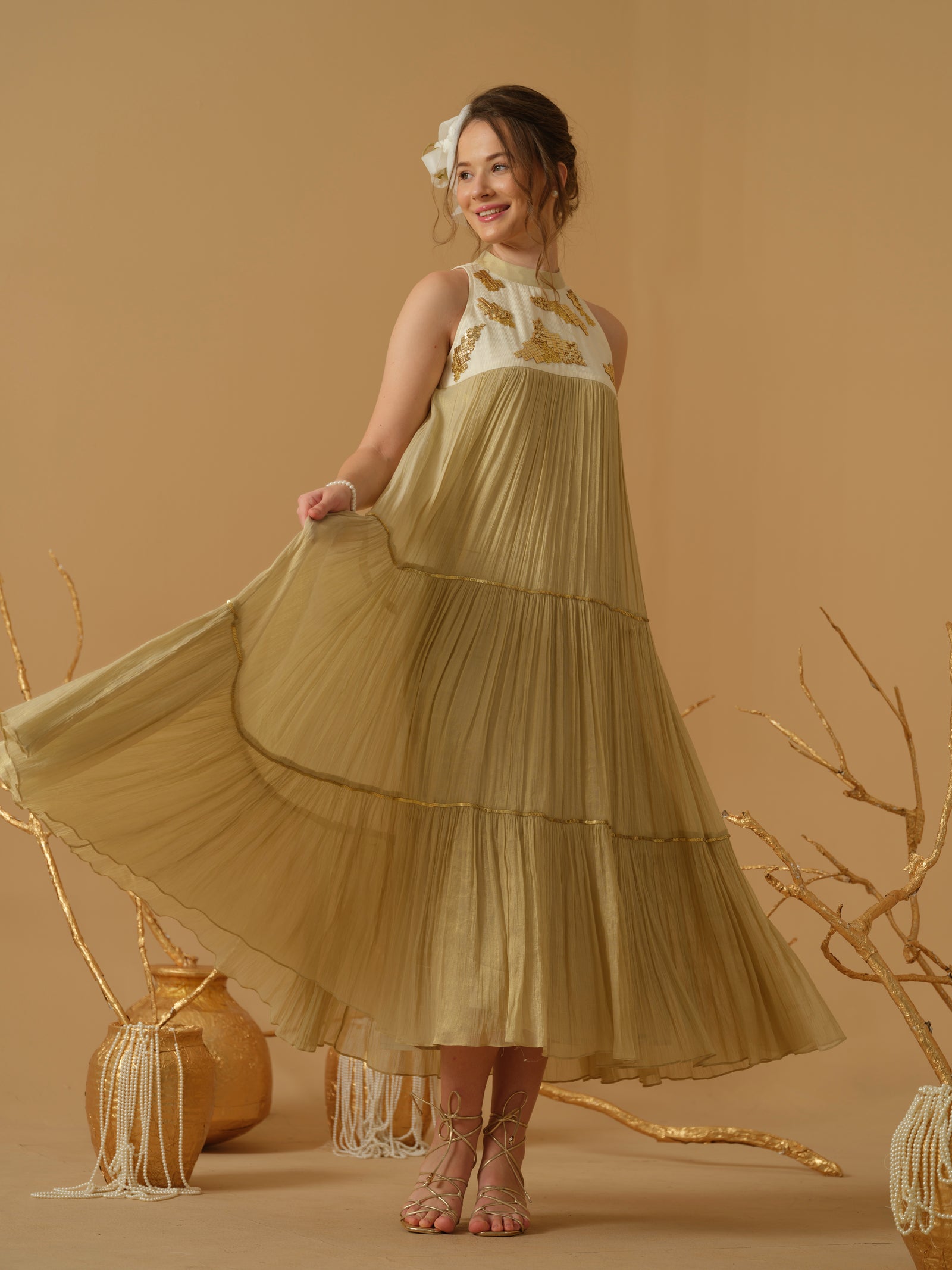 A  Mandarin Collar, Sleeveless  Tiered Dress
