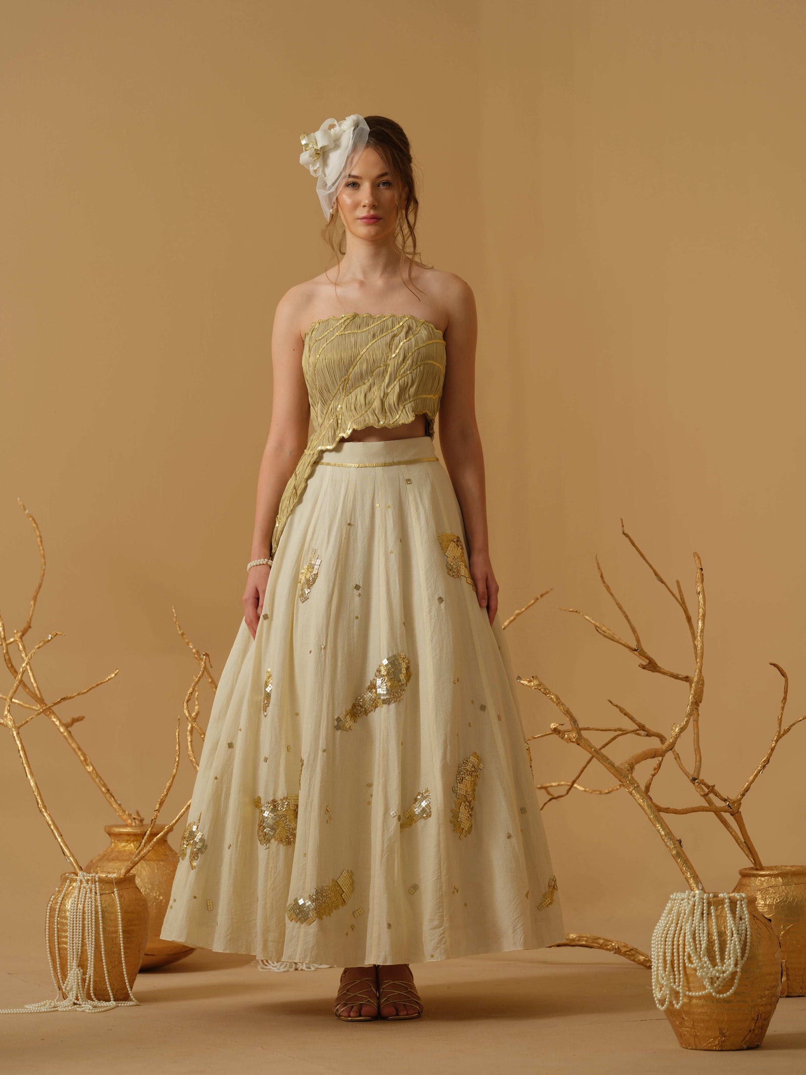 A Flared Skirt Having Scattered Geometrical Embellishment