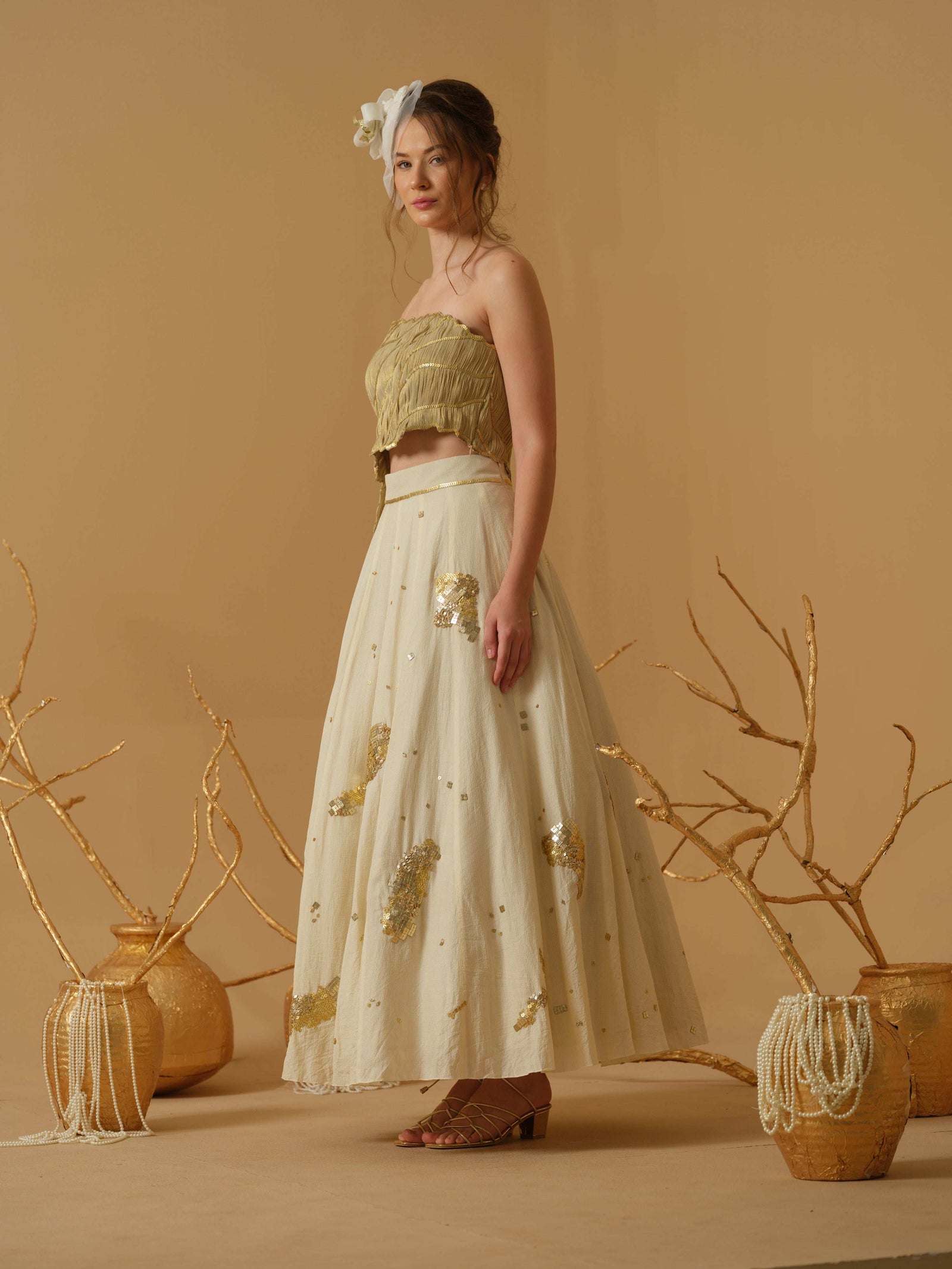 A Flared Skirt Having Scattered Geometrical Embellishment