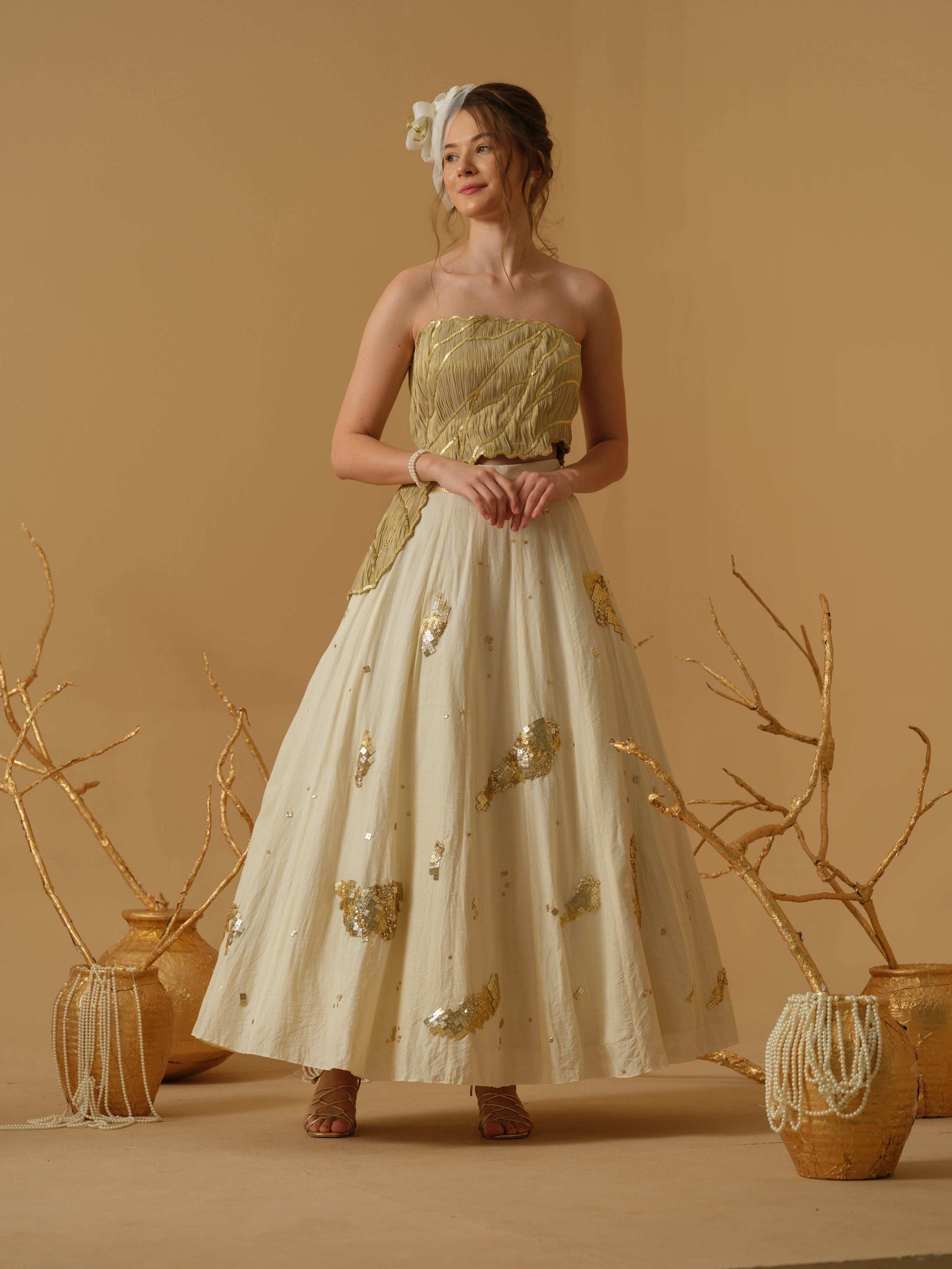 A Flared Skirt Having Scattered Geometrical Embellishment