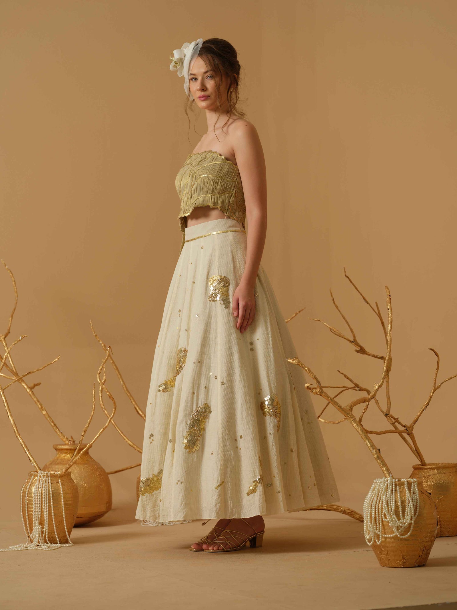 Ruched Top With Flare Embellished Skirt