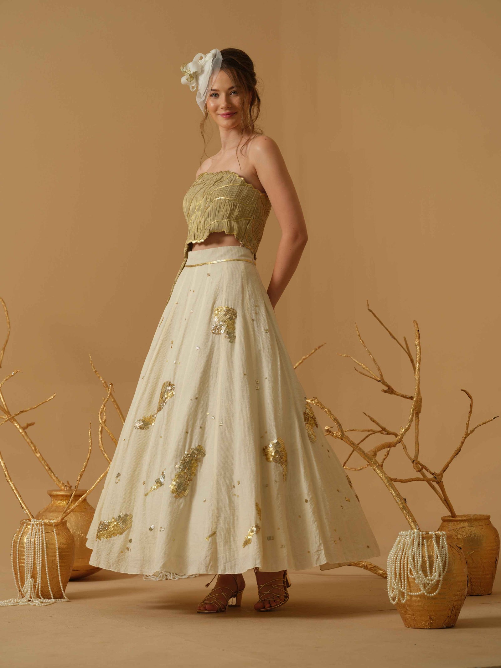 Ruched Top With Flare Embellished Skirt