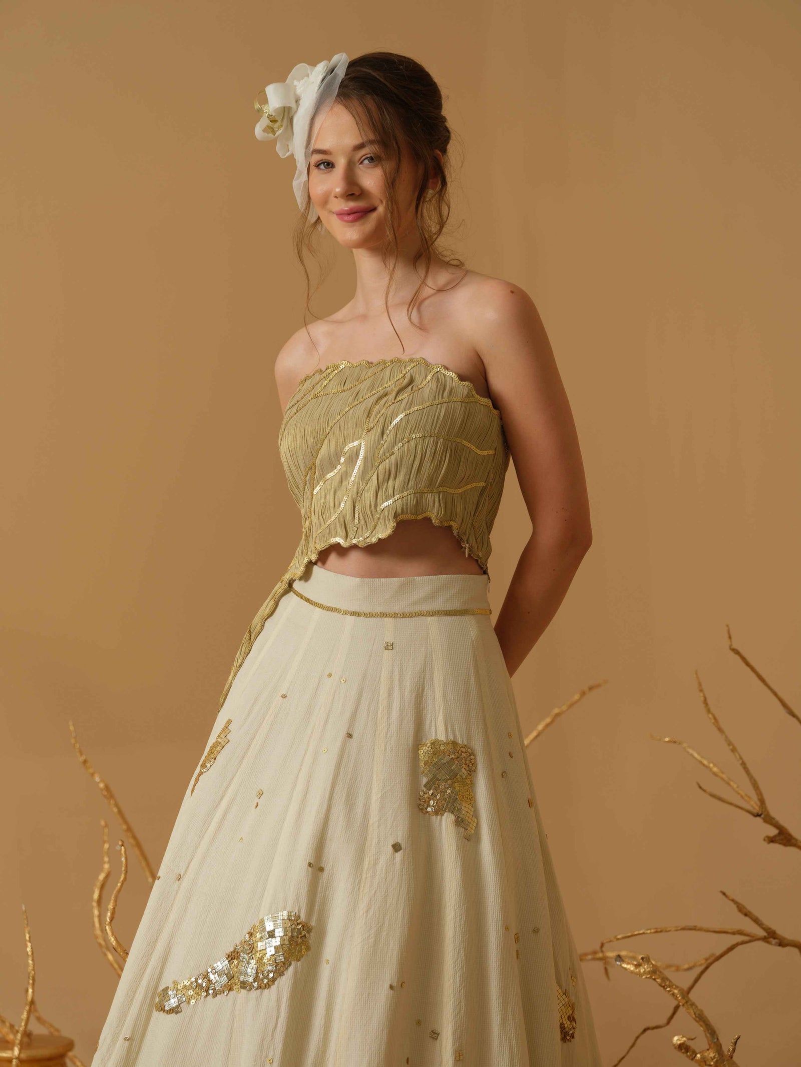 Ruched Top With Flare Embellished Skirt