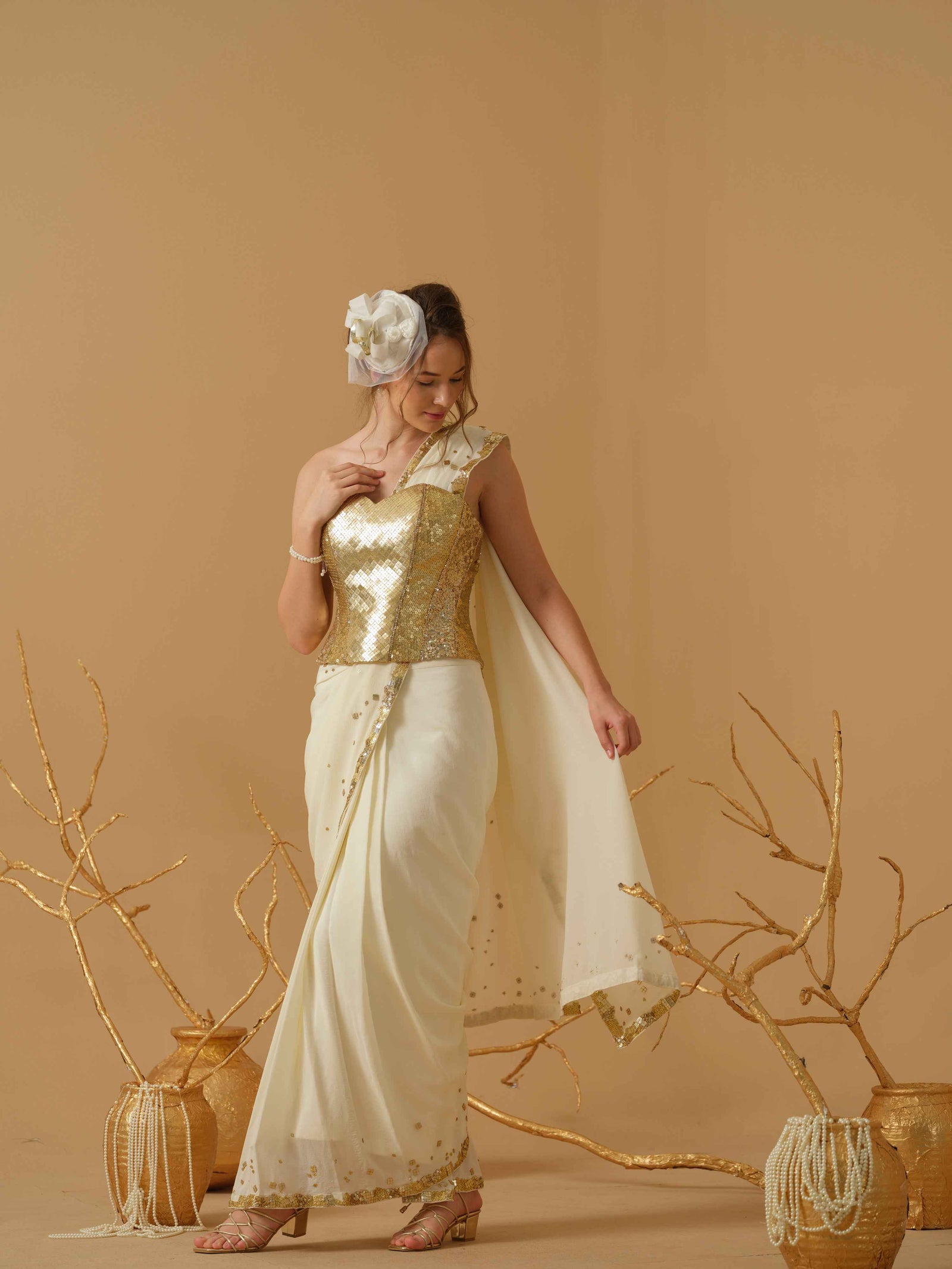 Sequins Bordered Pre - Stitched Saree With Corset