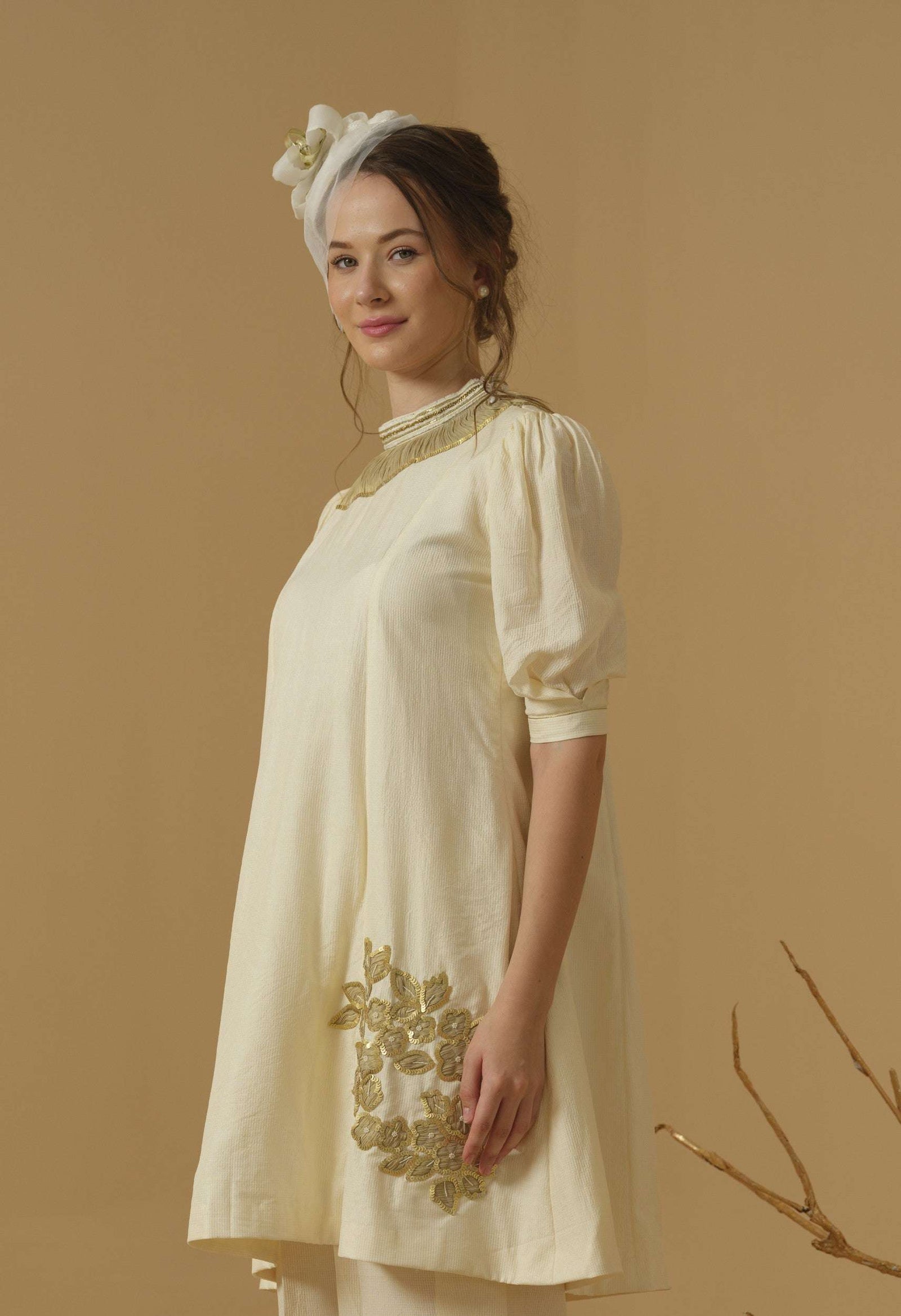 A Mandarin Collar, 3/4 Sleeves With Gathered Details, Knee-Length Kurta