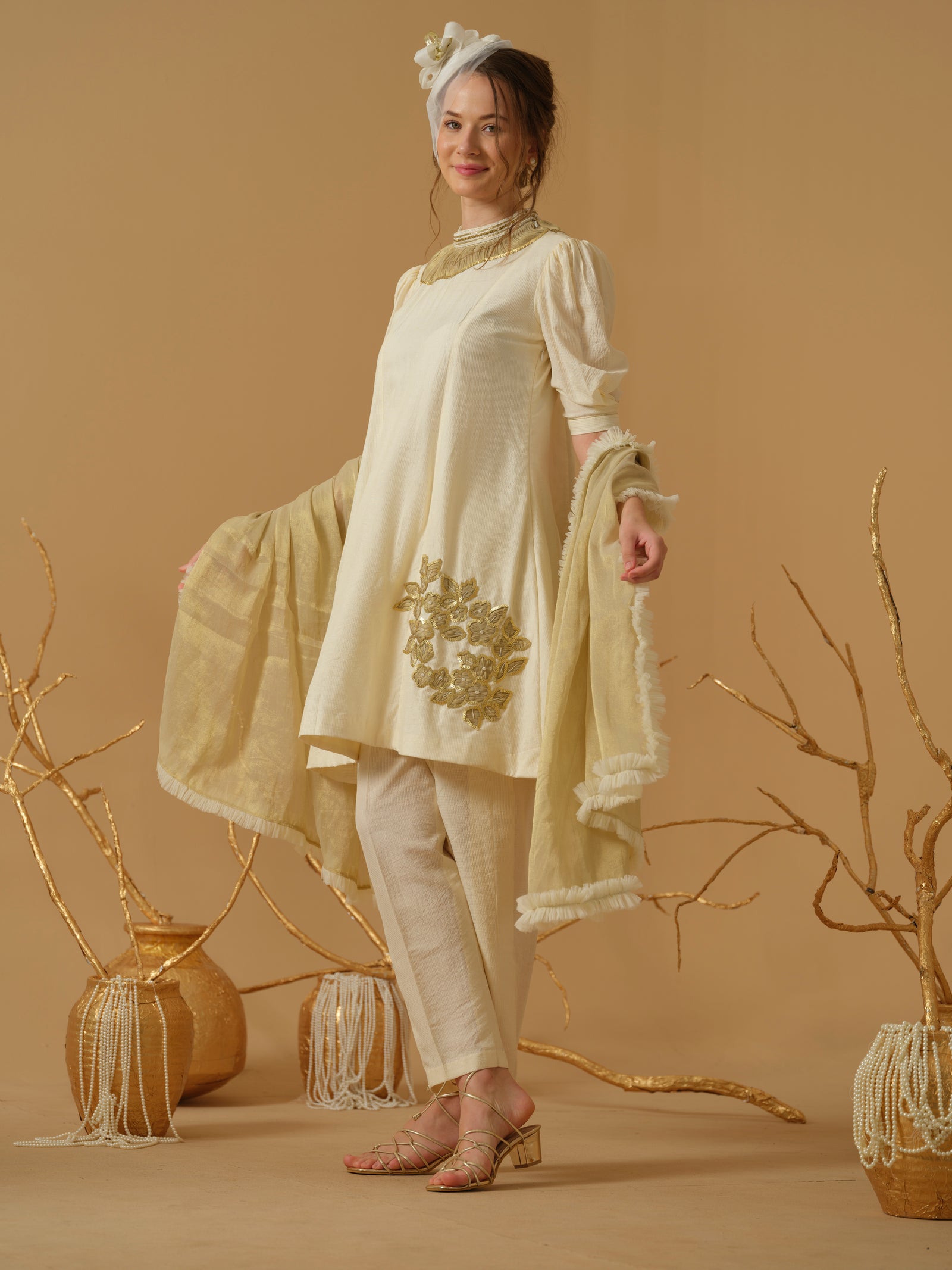 A Mandarin Collar, 3/4 Sleeves With Gathered Details