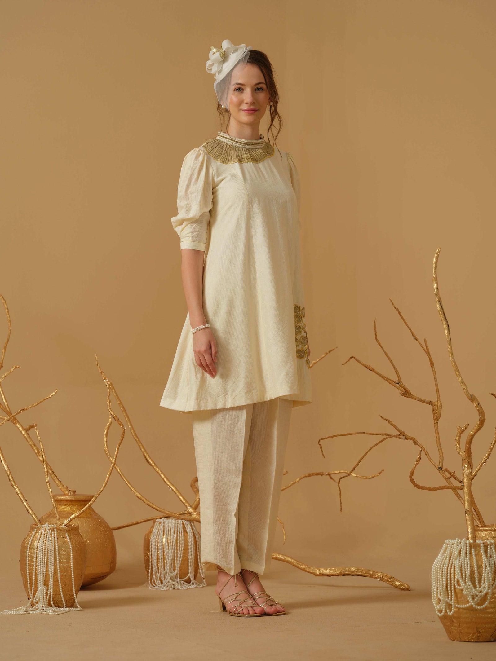 A Mandarin Collar, 3/4 Sleeves With Gathered Details