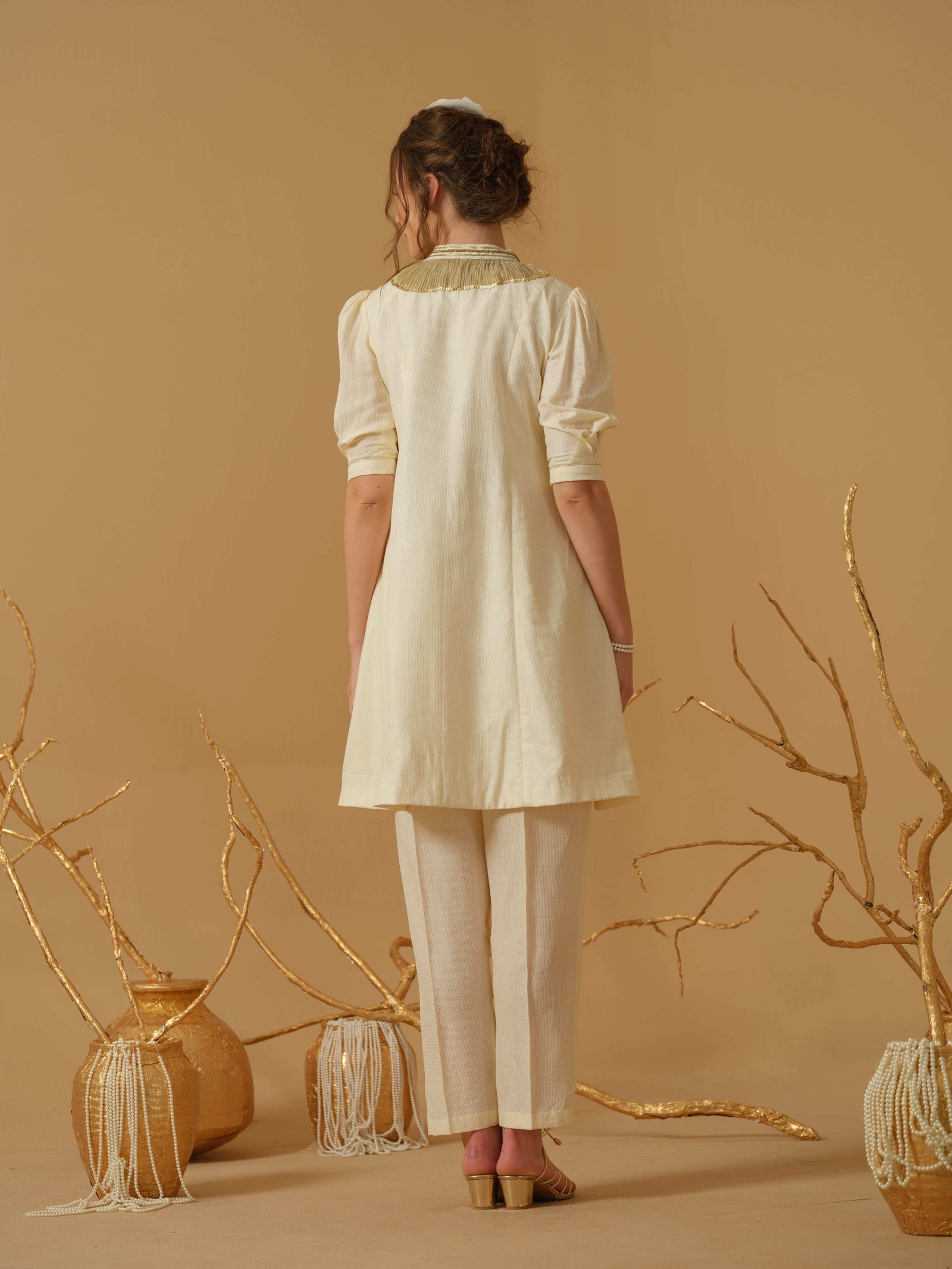 A Mandarin Collar, 3/4 Sleeves With Gathered Details