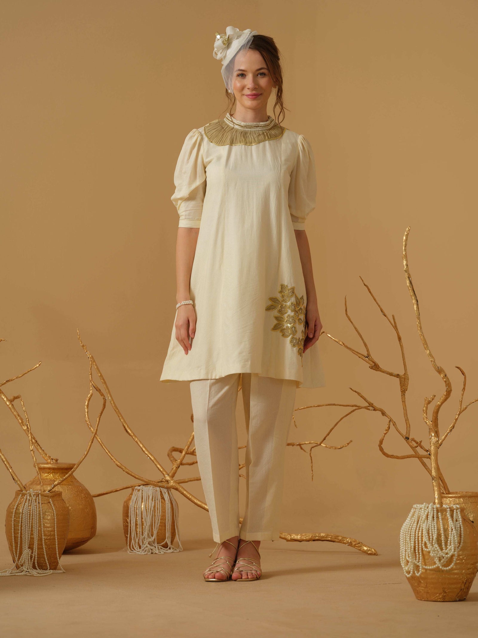 A Mandarin Collar, 3/4 Sleeves With Gathered Details