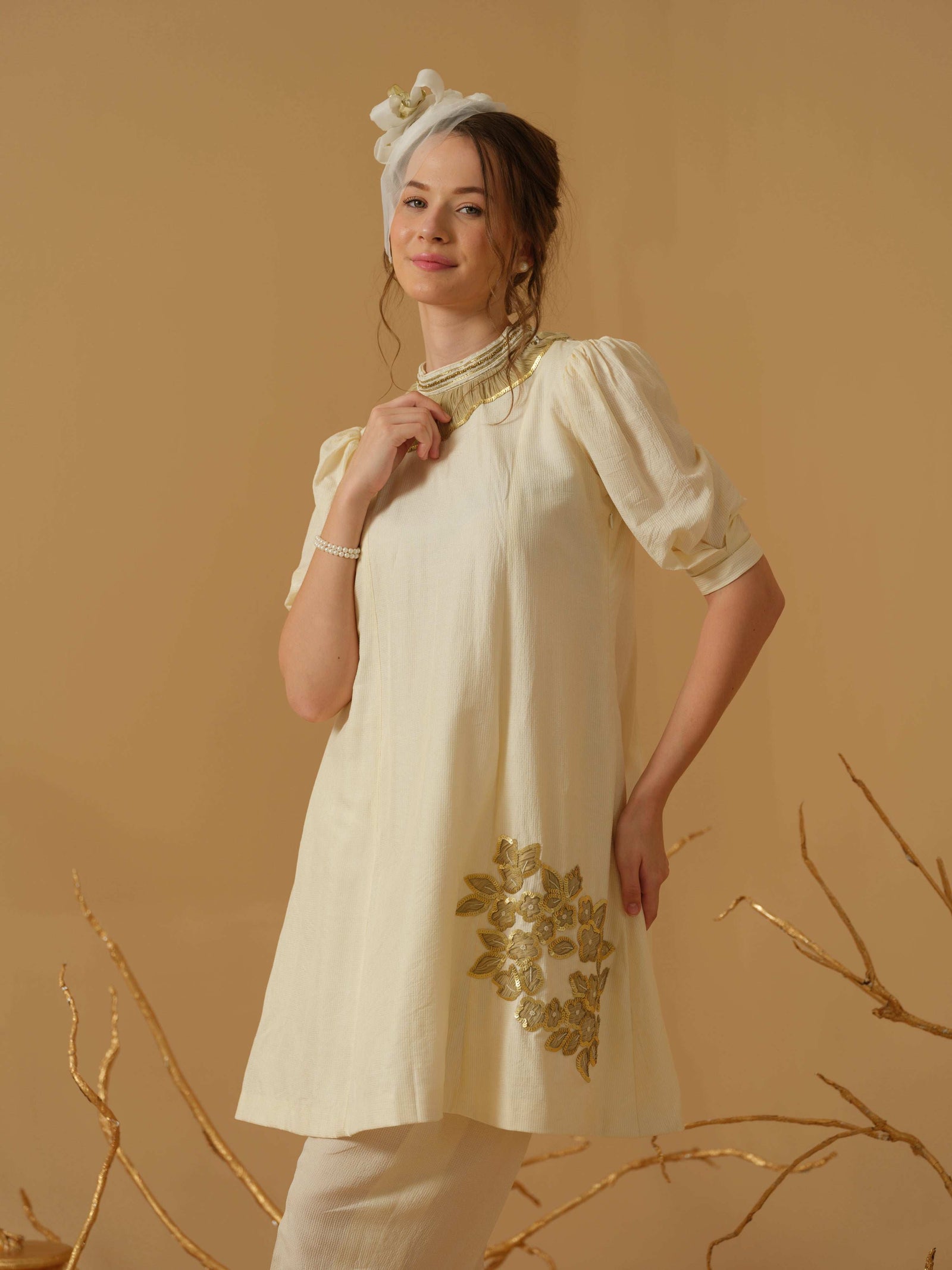 A Mandarin Collar, 3/4 Sleeves With Gathered Details