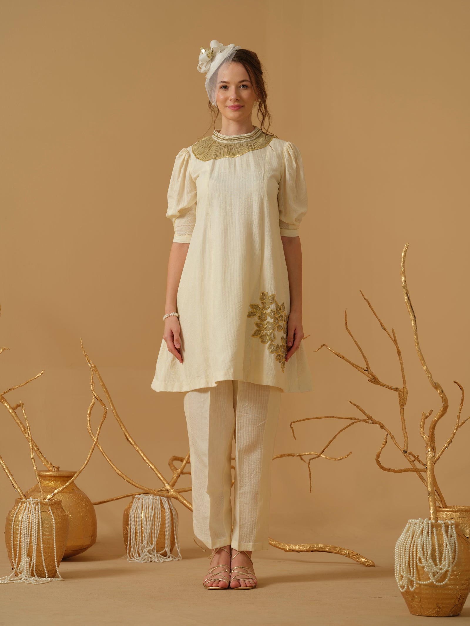 A Mandarin Collar, 3/4 Sleeves With Gathered Details