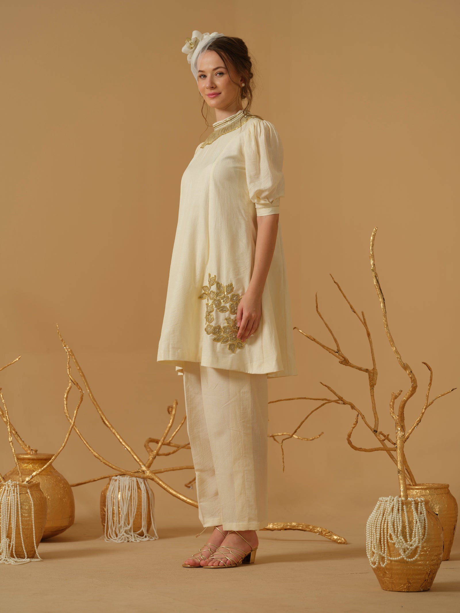 A Mandarin Collar, 3/4 Sleeves With Gathered Details