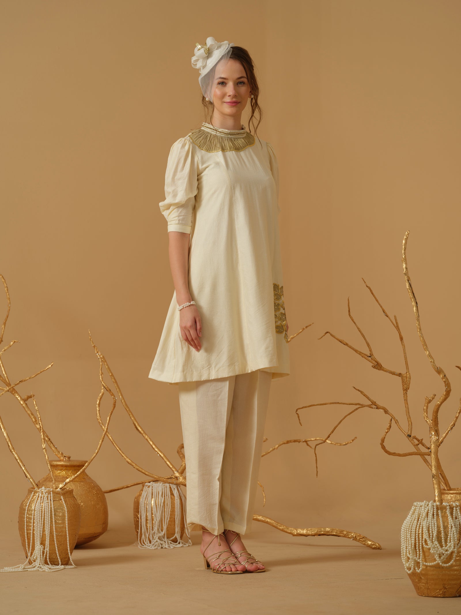 A Mandarin Collar, 3/4 Sleeves With Gathered Details