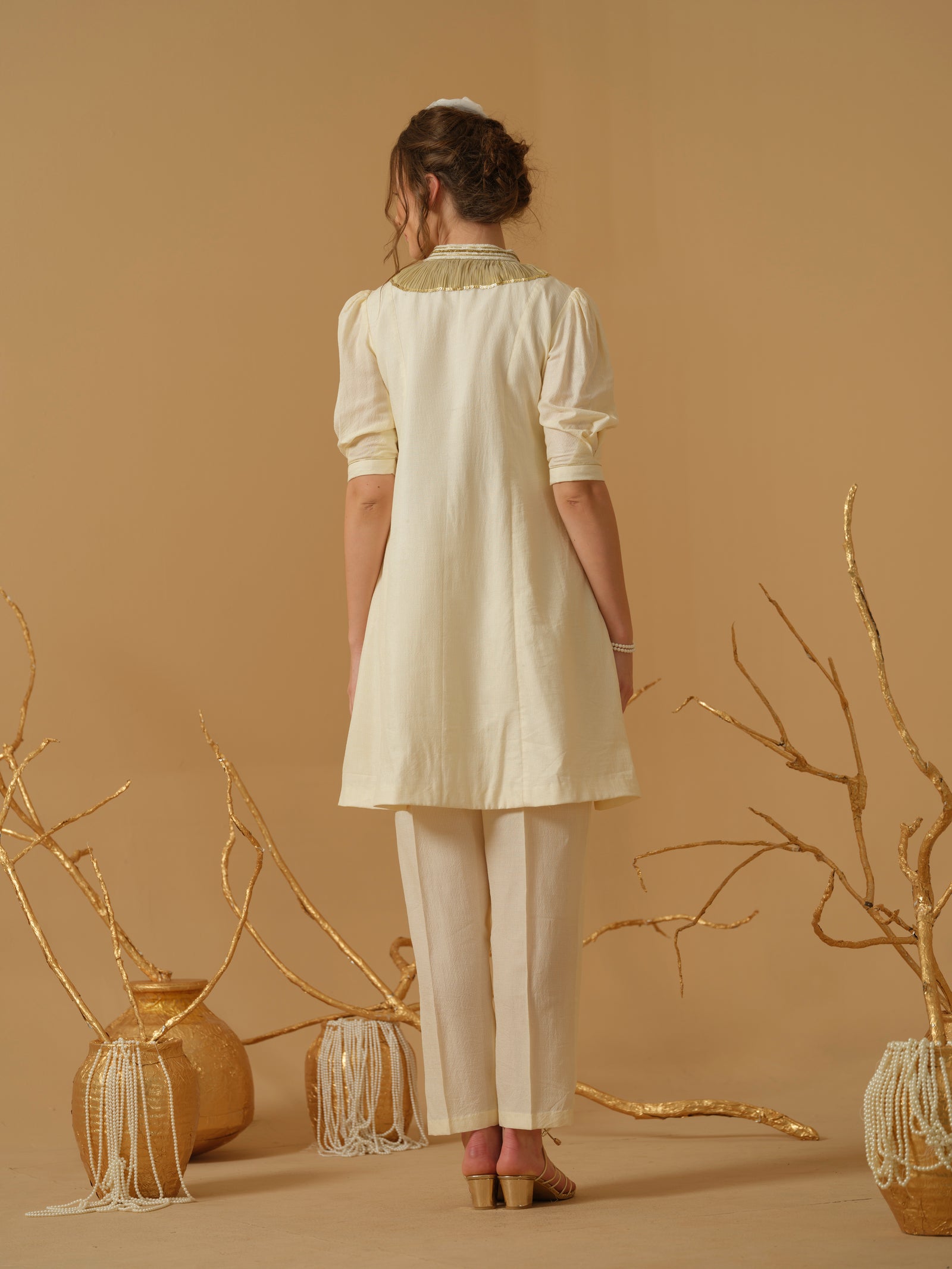 A Mandarin Collar, 3/4 Sleeves With Gathered Details