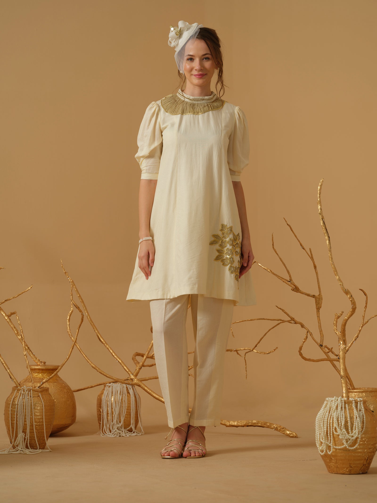 A Mandarin Collar, 3/4 Sleeves With Gathered Details