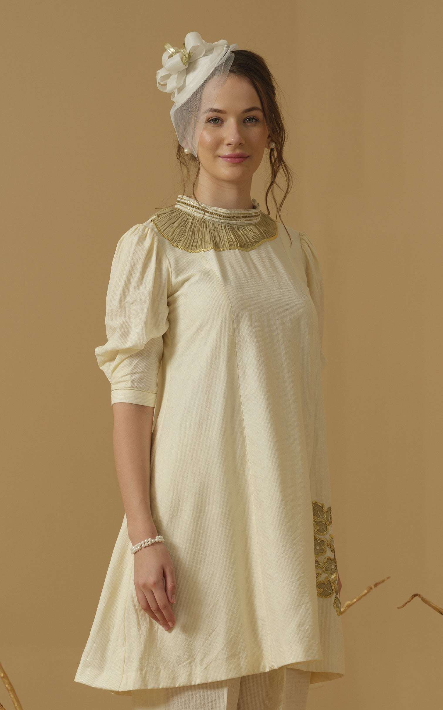 A Mandarin Collar, 3/4 Sleeves With Gathered Details, Knee-Length Kurta