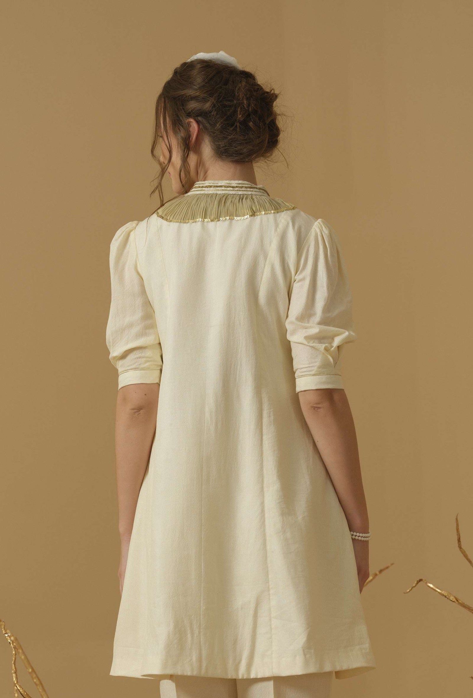 A Mandarin Collar, 3/4 Sleeves With Gathered Details, Knee-Length Kurta