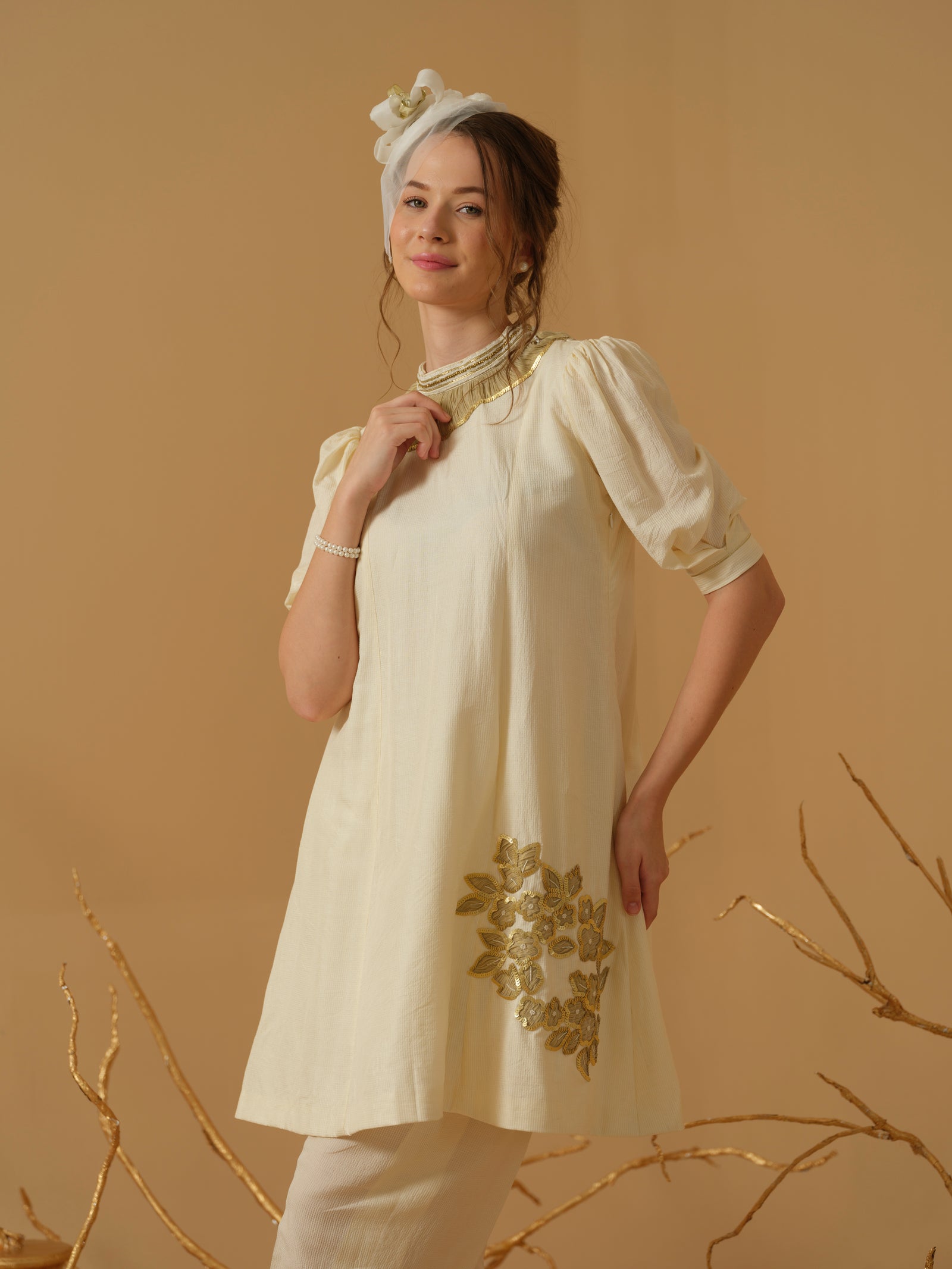 A Mandarin Collar, 3/4 Sleeves With Gathered Details, Knee-Length Kurta