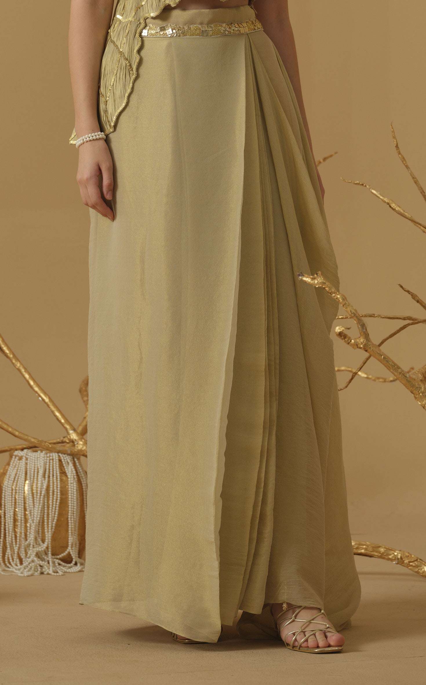 Pleated Draped Skirt Embellished On Waist
