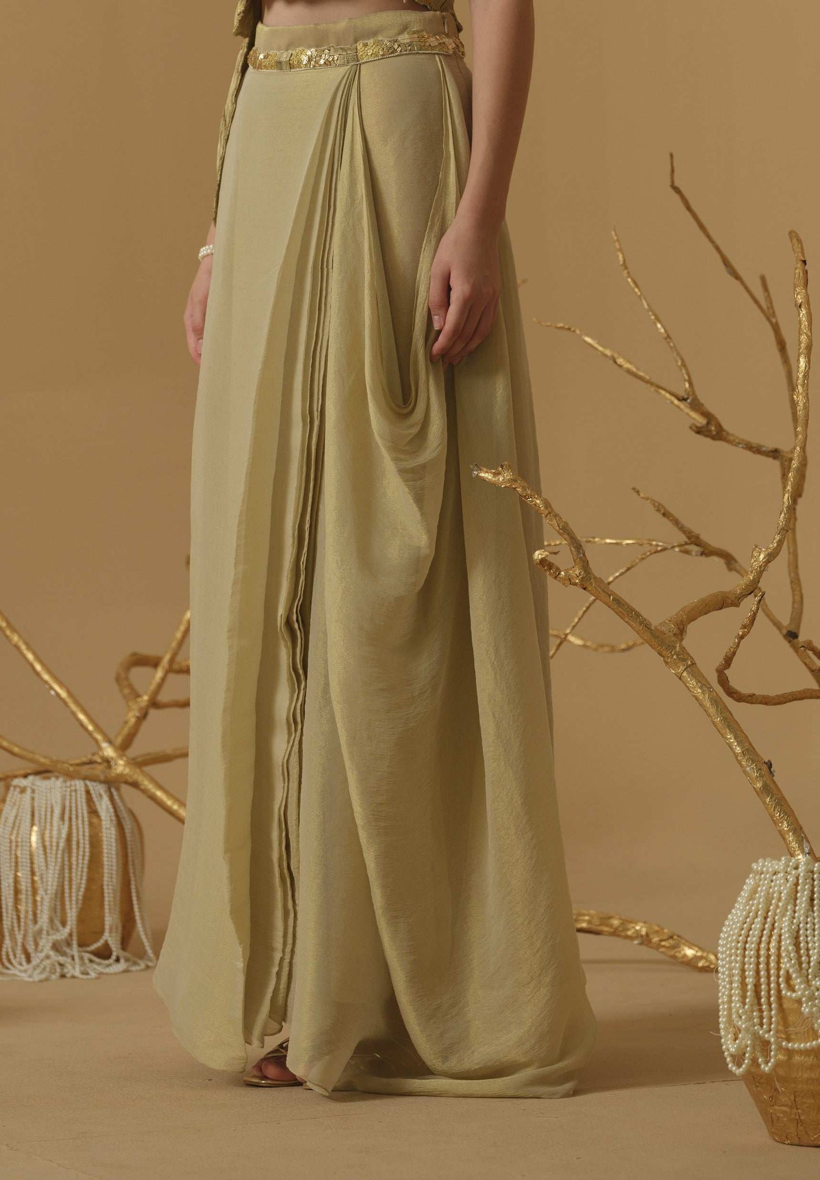 Pleated Draped Skirt Embellished On Waist