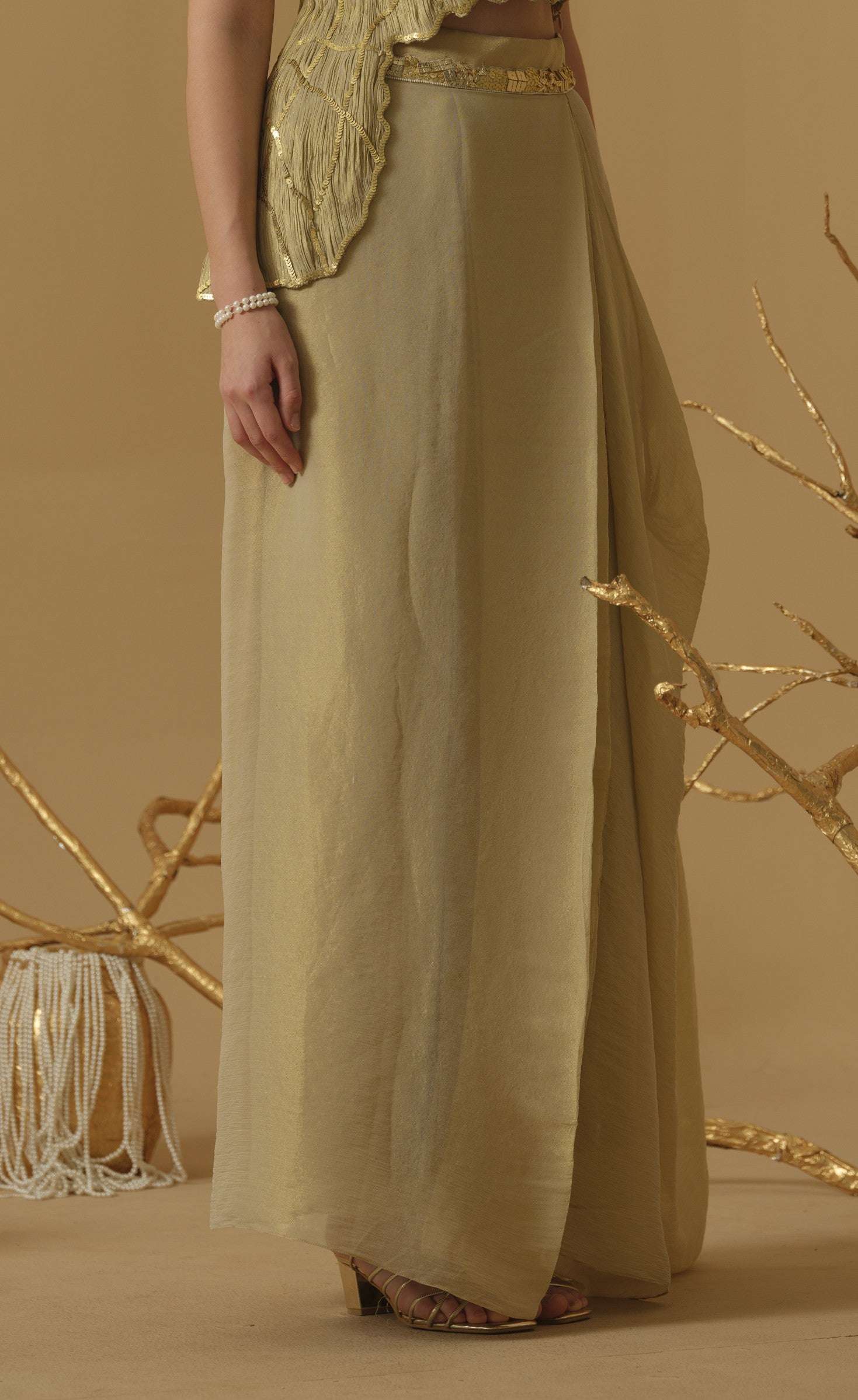 Pleated Draped Skirt Embellished On Waist