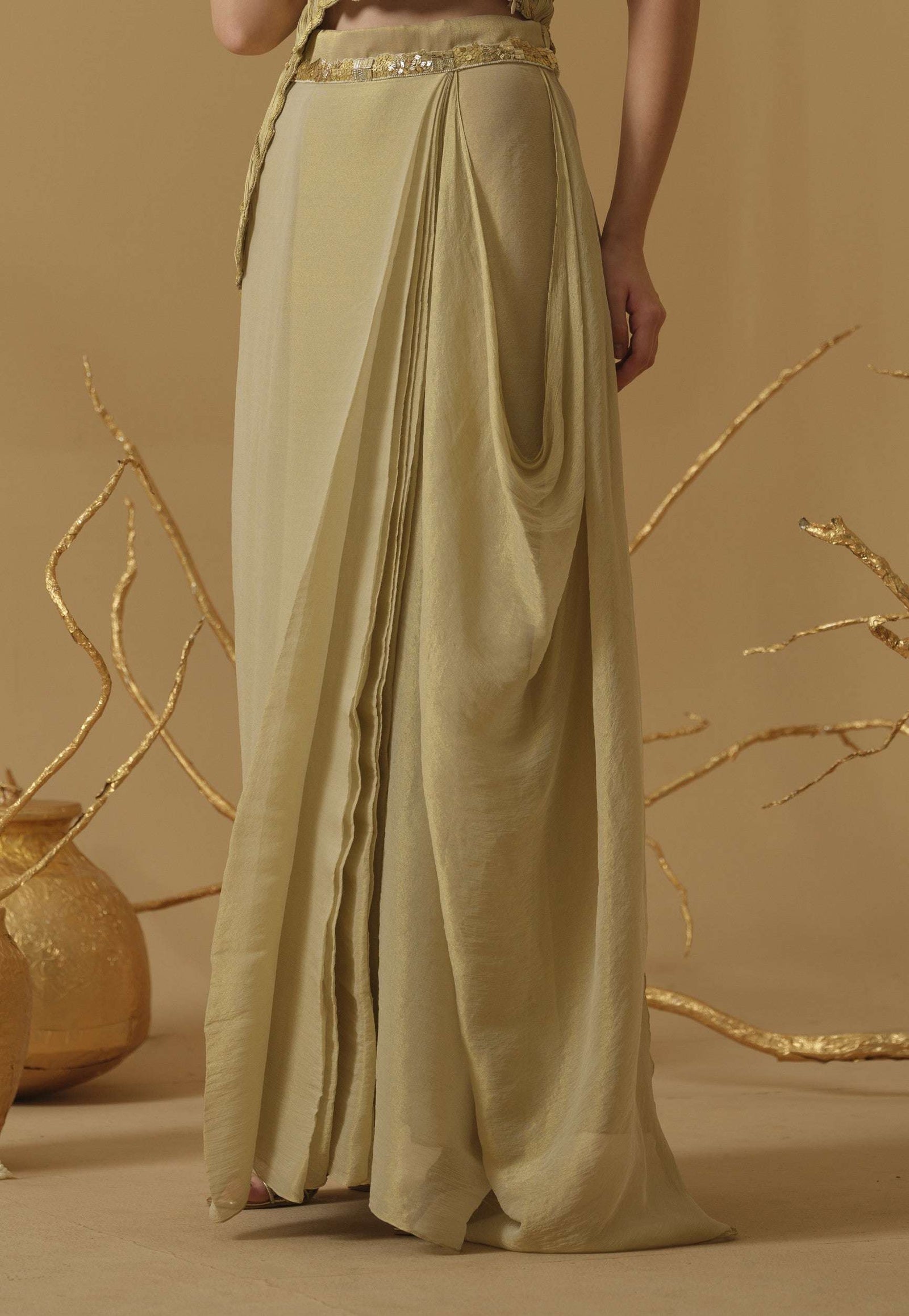 Pleated Draped Skirt Embellished On Waist