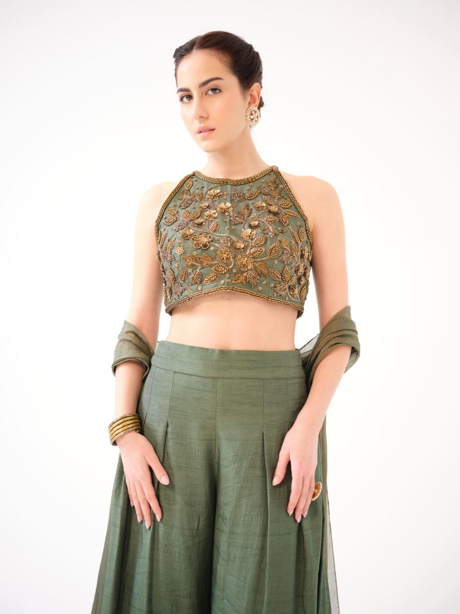A raw silk halter-neck crop top