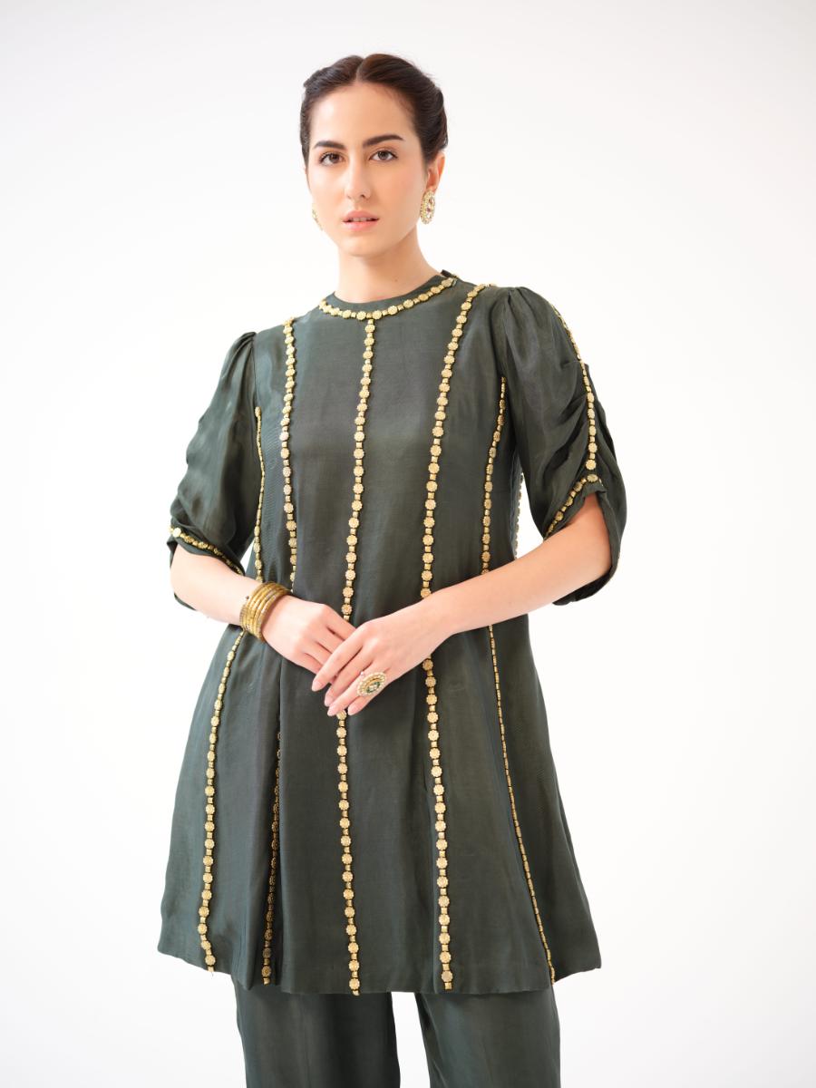 A twill kurta with gold bead embroidery