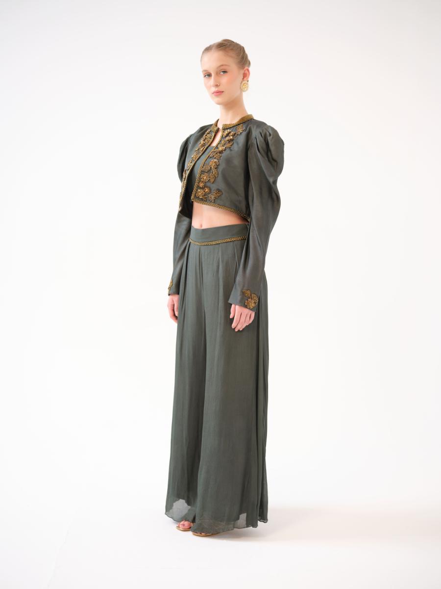 A three-piece set — cropped twill open jacket