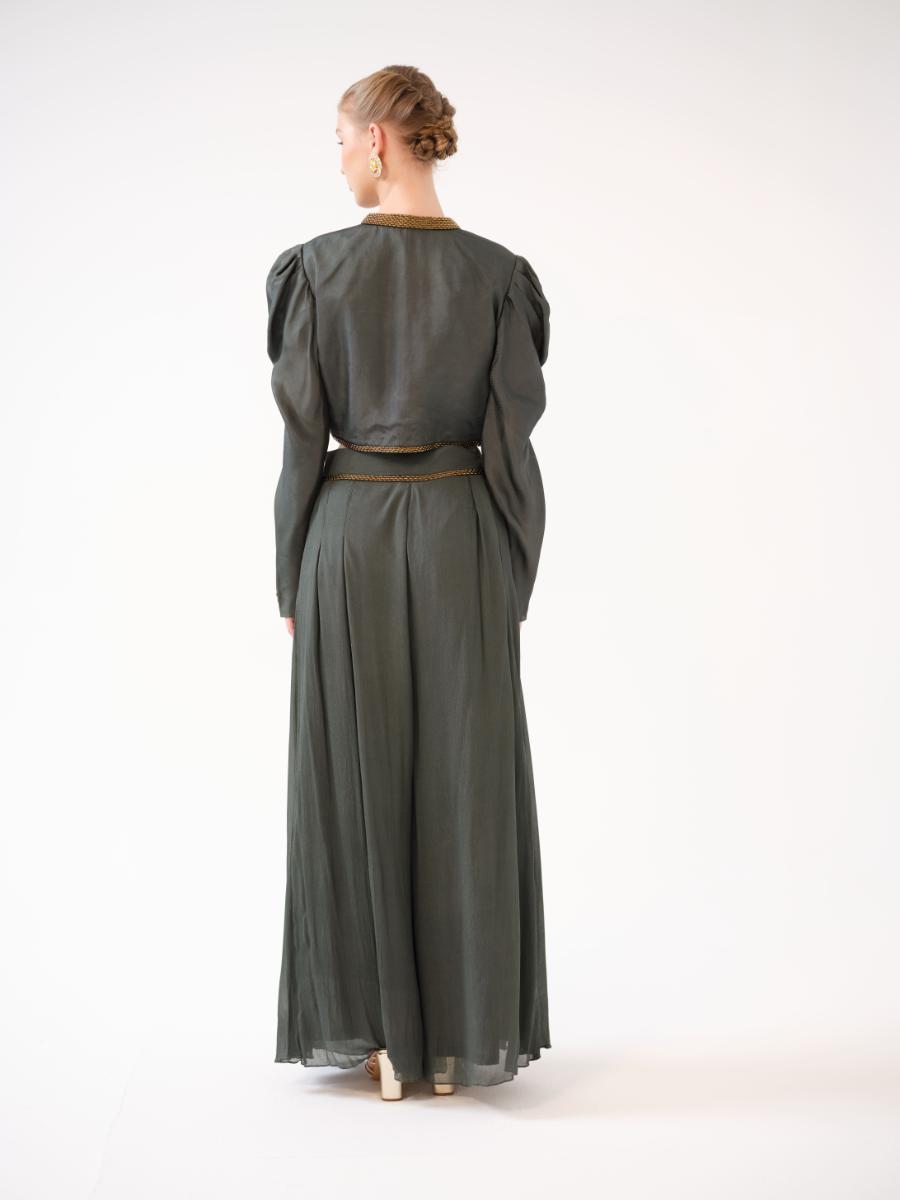 A three-piece set — cropped twill open jacket