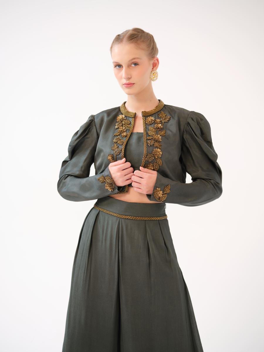 A three-piece set — cropped twill open jacket