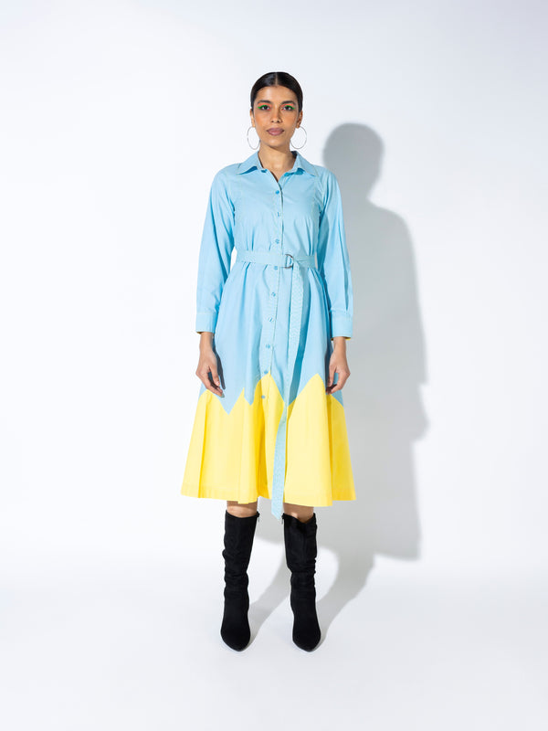 Colour Blocking Long Shirt Dress With Belt