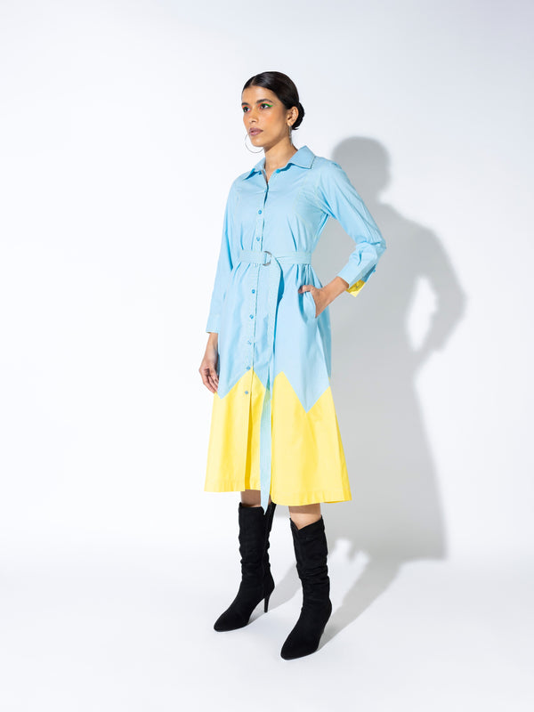 Colour Blocking Long Shirt Dress With Belt