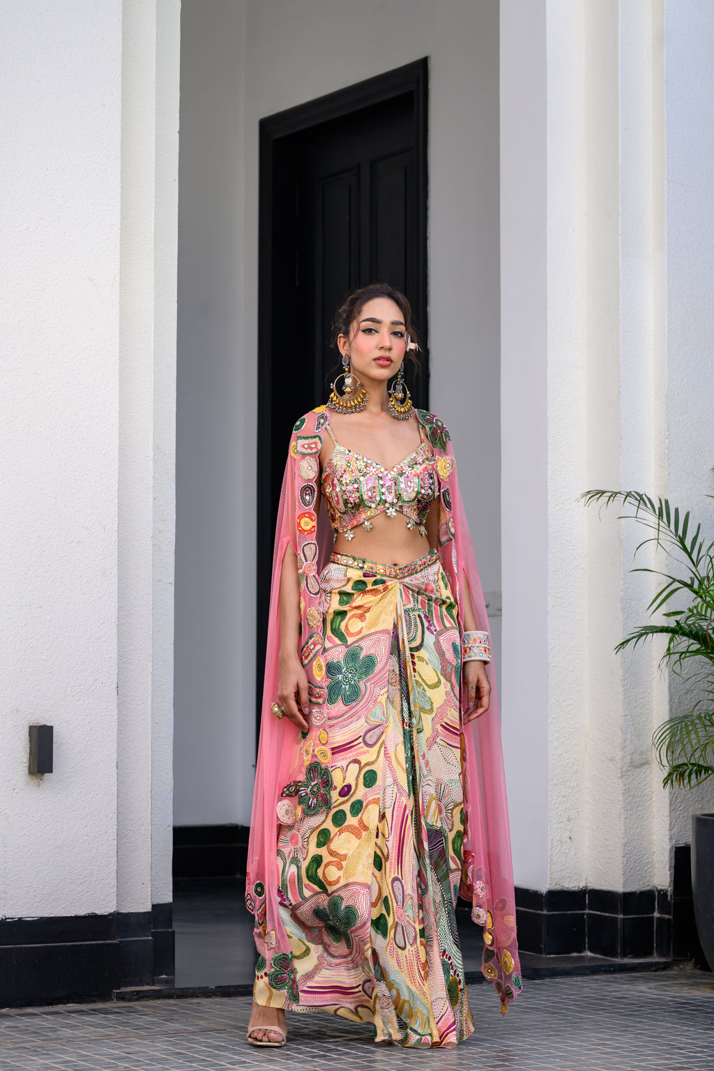 Flora Highlight Bralette With Dhoti Skirt And Apl Cape Set
