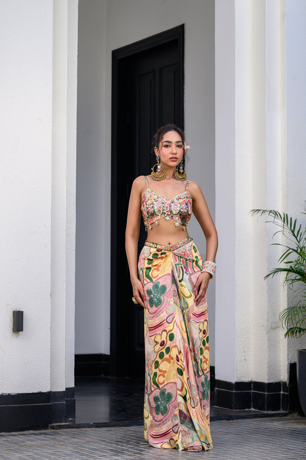 Flora Highlight Bralette With Dhoti Skirt And Apl Cape Set