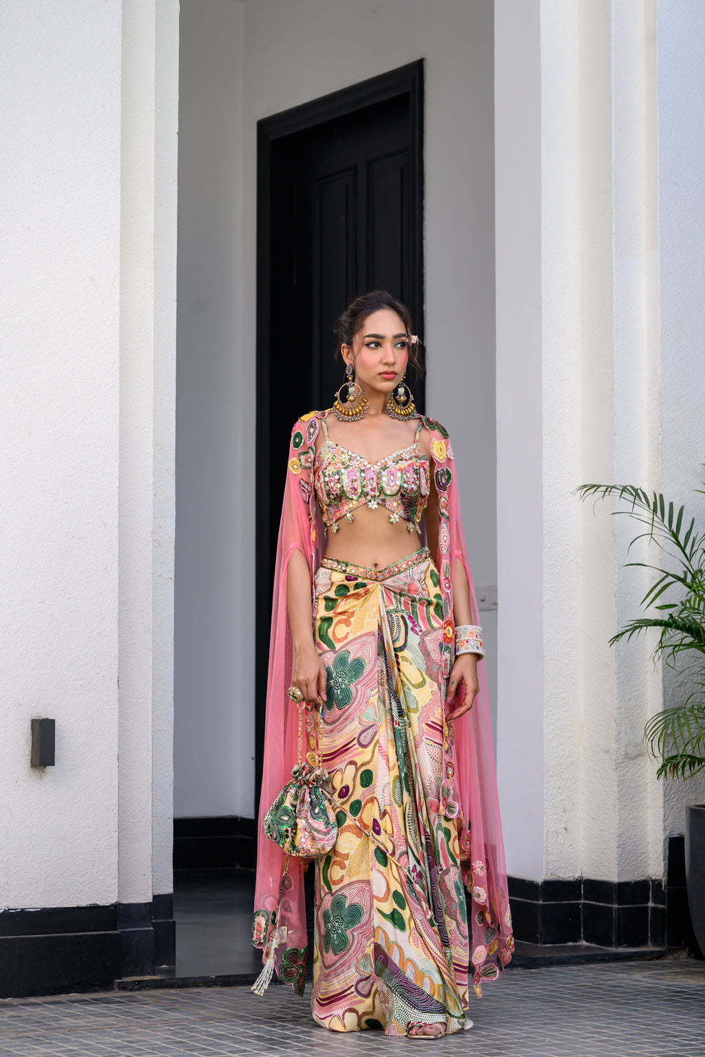 Flora Highlight Bralette With Dhoti Skirt And Apl Cape Set