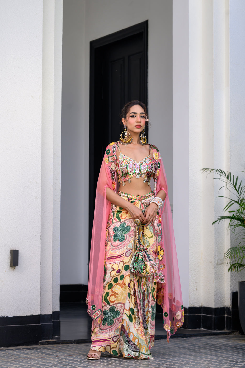 Flora Highlight Bralette With Dhoti Skirt And Apl Cape Set