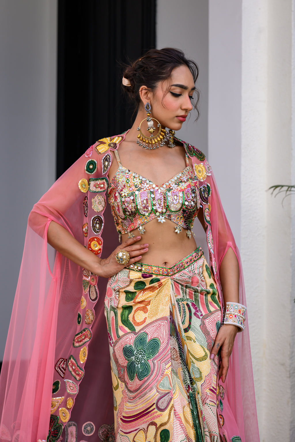 Flora Highlight Bralette With Dhoti Skirt And Apl Cape Set