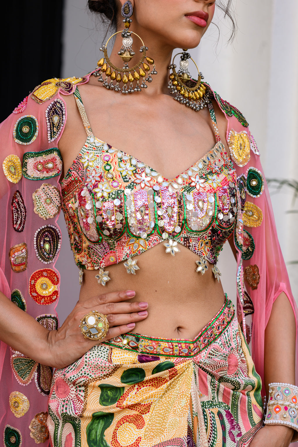 Flora Highlight Bralette With Dhoti Skirt And Apl Cape Set