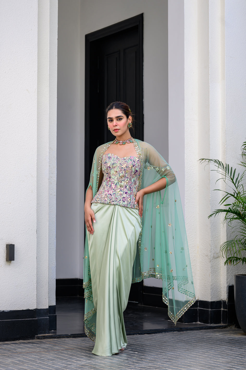 Eden Textudawn Corset With Mirror Work With Dhoti Skirt And Cape Set