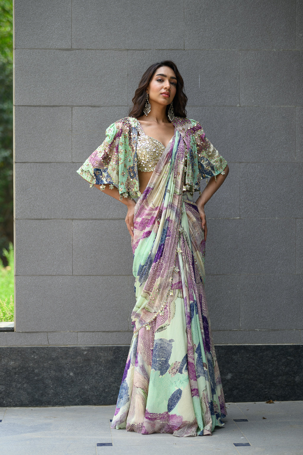 Eden H Saree With Hand Emb Blouse With Cape Jacket