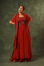 Red Ajrakh blouse and  double layered flare pants with cape dupatta