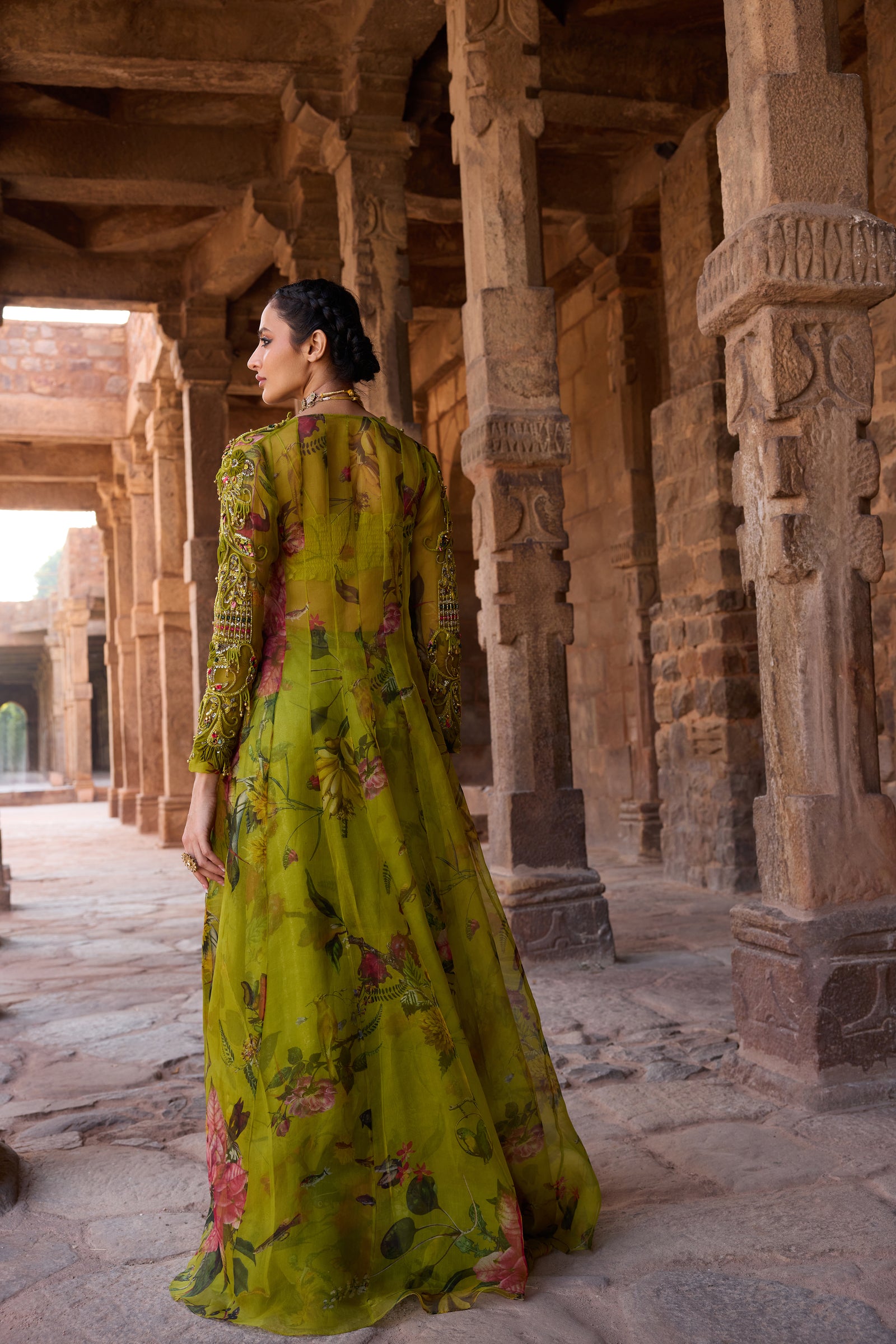 Green Long Jacket Set Paired With Plazzo And Embellished Bustier