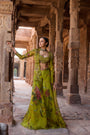 Green Long Jacket Set Paired With Plazzo And Embellished Bustier