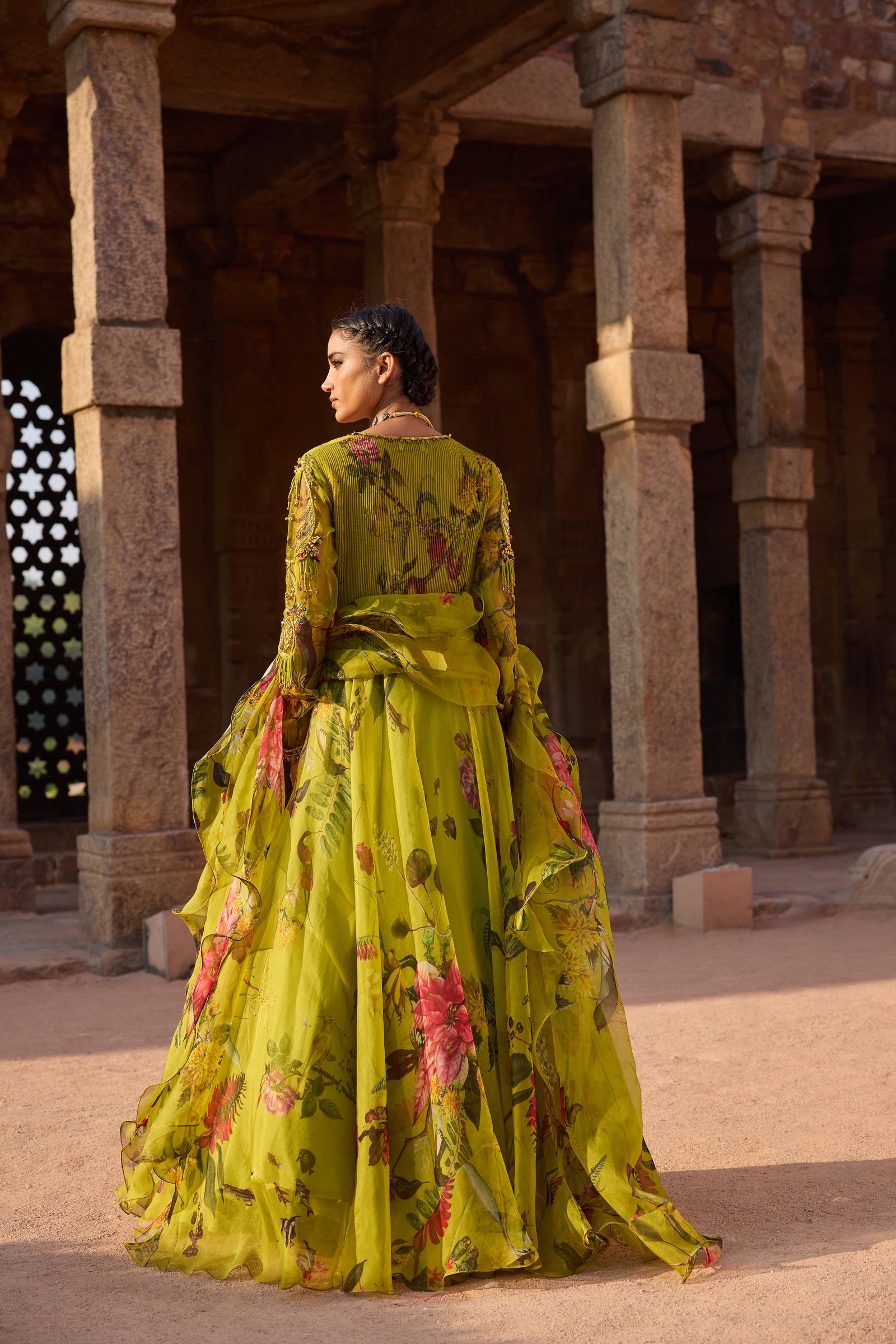 Green Printed Embellished Anarkali Set