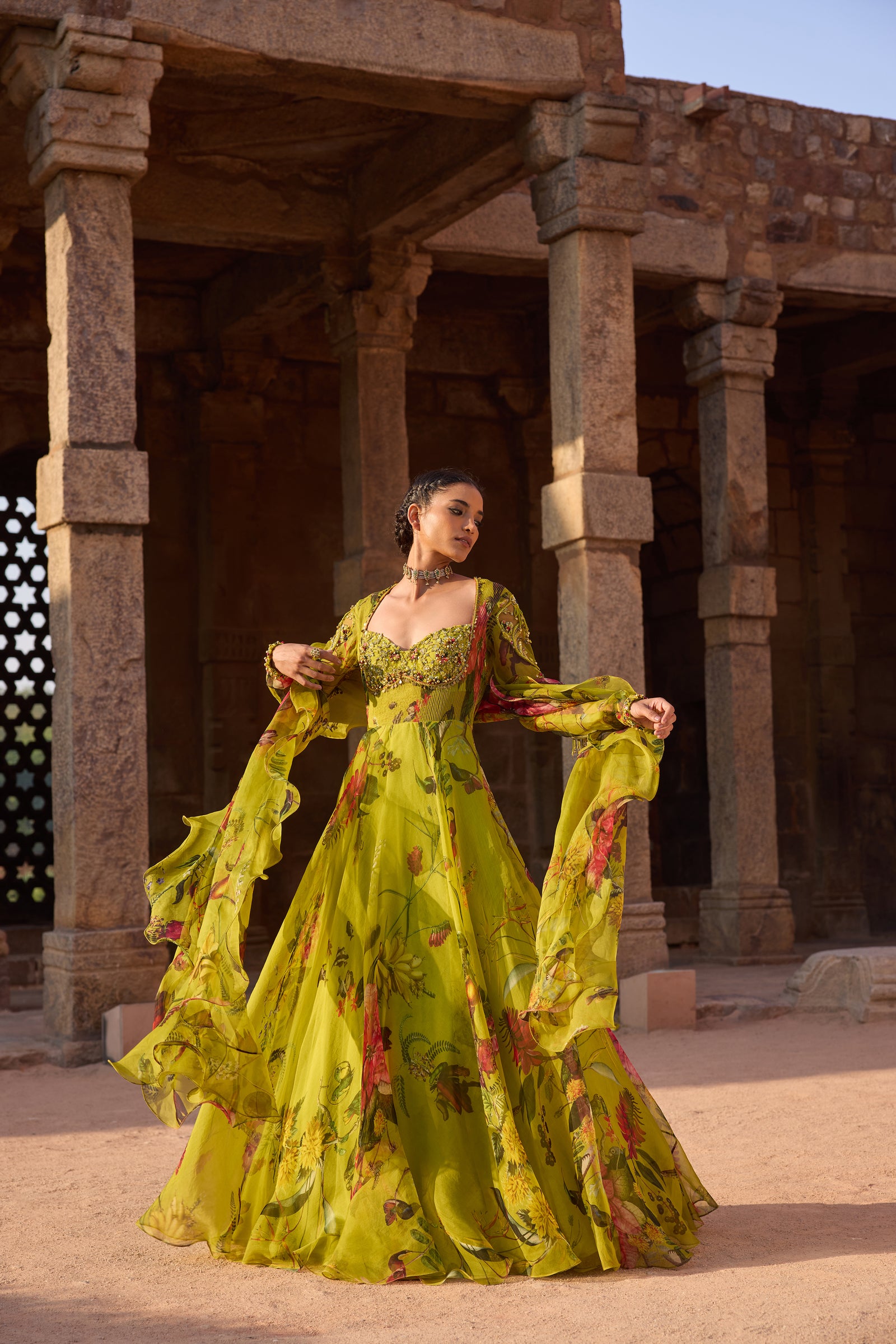 Green Printed Embellished Anarkali Set