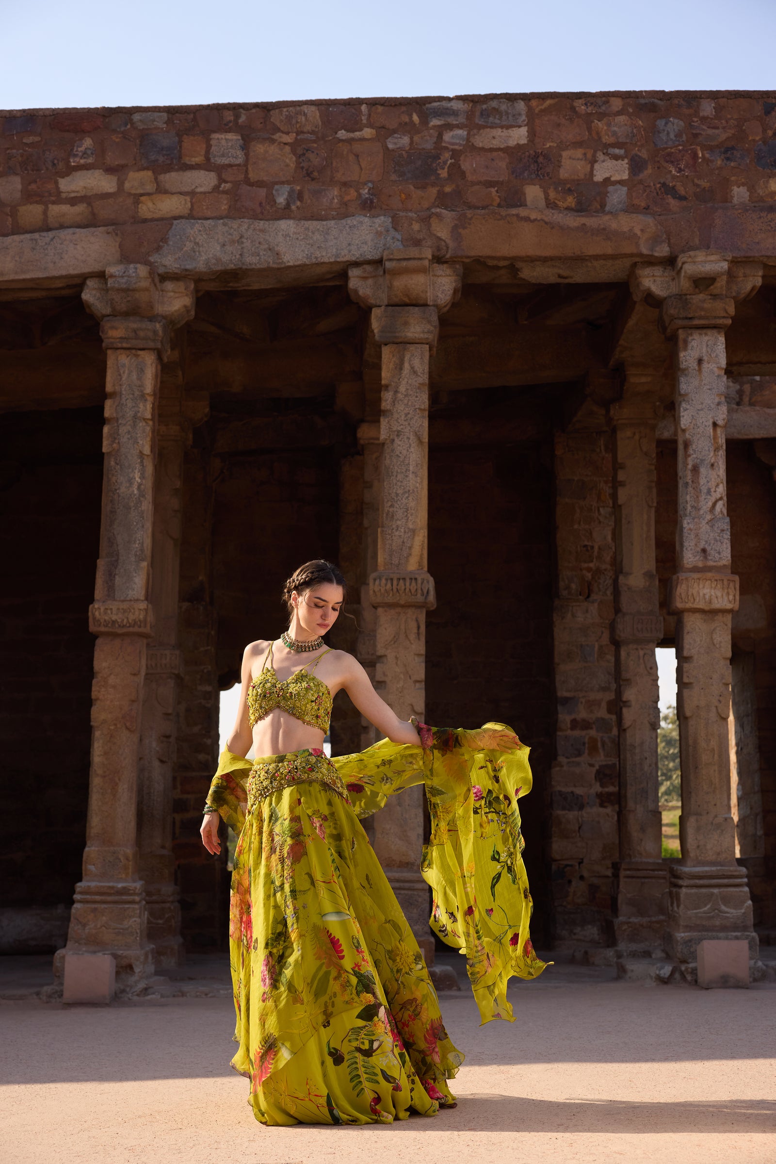 Green Printed Embellished Lehenga Set