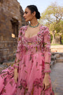 Pink Printed Embellished Long Jacket Set With Skirt And Embellished Bustier