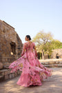 Pink Printed Embellished Long Jacket Set With Skirt And Embellished Bustier