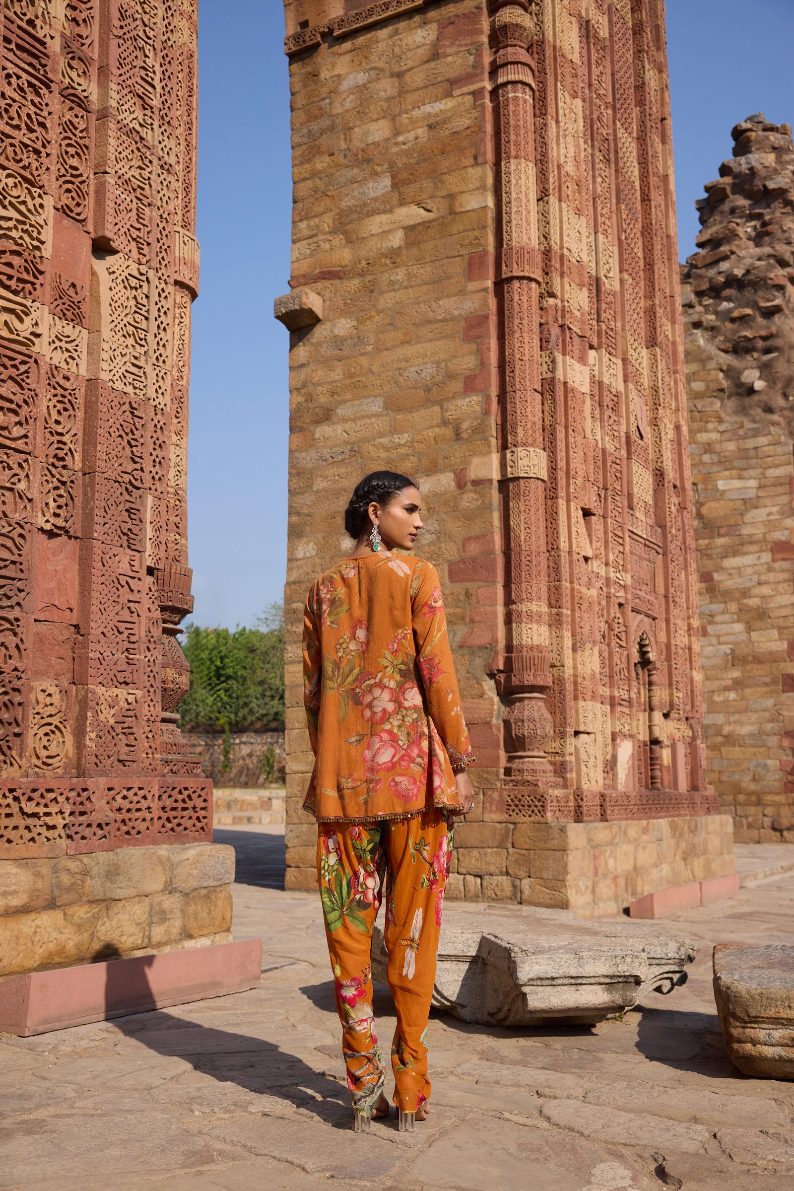Orange Printed Tunic Set